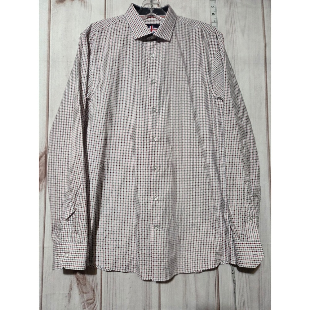 Mens Medium Checkered Dress Shirt, Button Down, Long Sleeve, Red and White,
